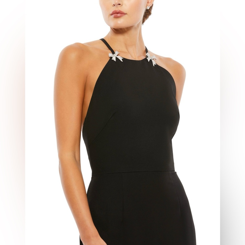 NWT Ieena for Mac Duggal Black Halter Column Gown with Rhinestone Bow Accent - Picture 3 of 11